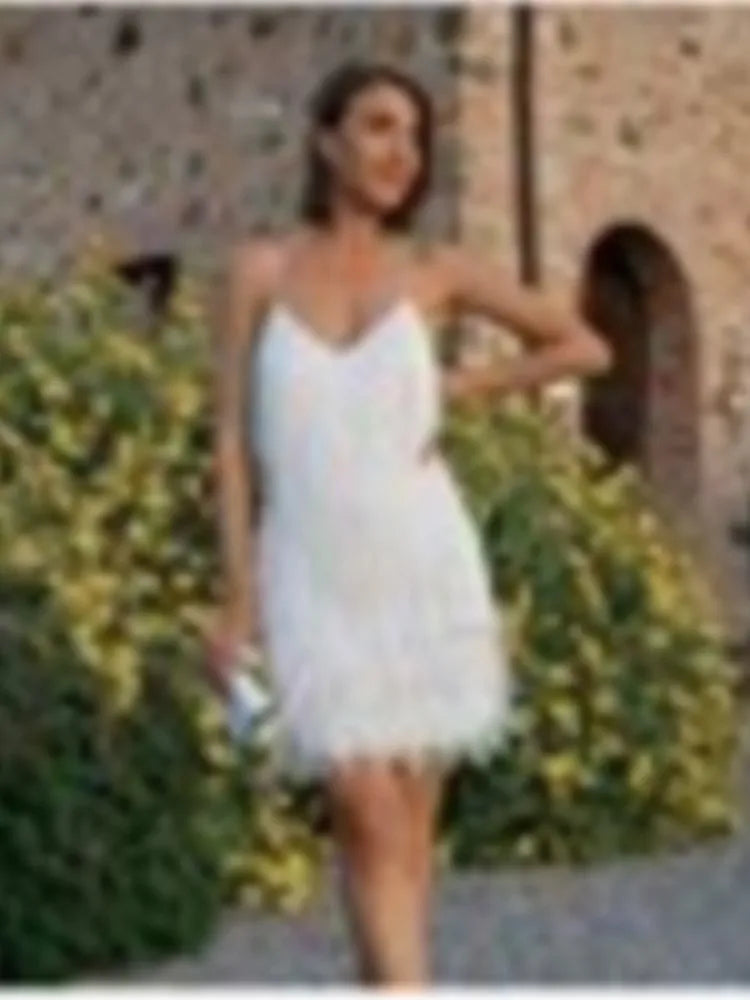 Abito estivo elegante con nappe e paillettes Abito da donna sexy sottile senza maniche con scollo a V a vita alta con bretelle e cuciture in piume