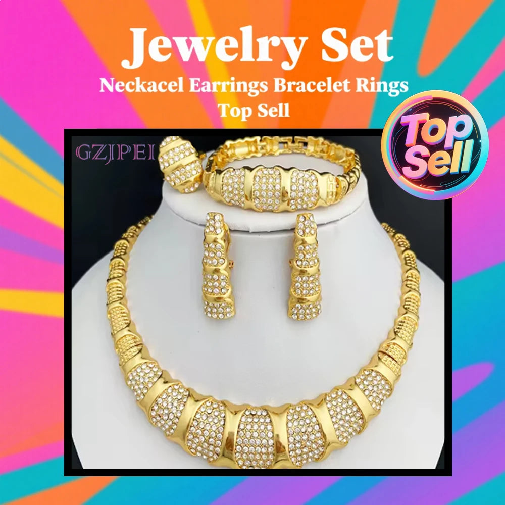 Dubai Schmuckset für Damen, 18K vergoldet, luxuriöse Halskette, Ohrringe, Armband und Ring, Schmuckset für Hochzeitsfeiern, trendig
