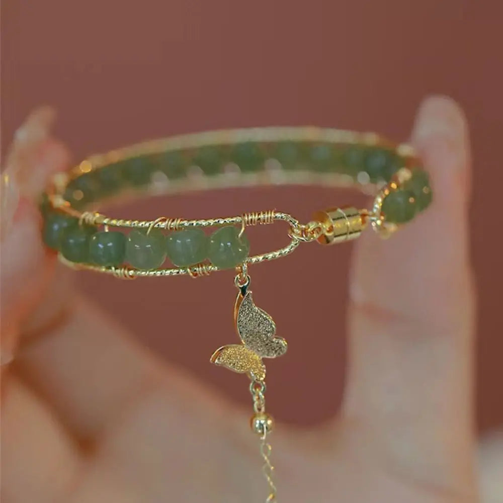 Bracelet perles rondes de jade pour femmes, manchette magnétique, pendentif papillon, chaîne de main, bijoux raffinés en émeraude, cadeau d'anniversaire