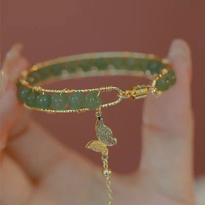 Bracelet perles rondes de jade pour femmes, manchette magnétique, pendentif papillon, chaîne de main, bijoux raffinés en émeraude, cadeau d'anniversaire