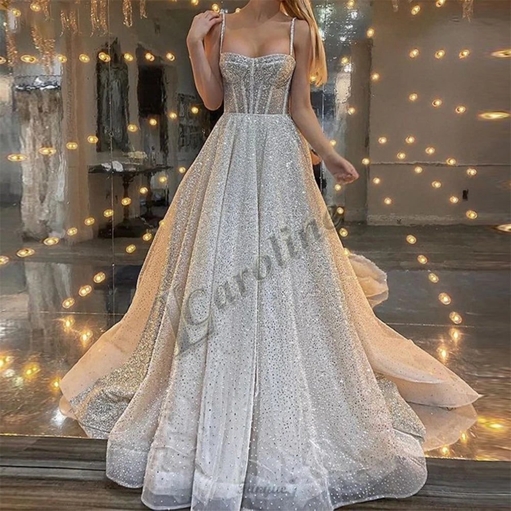 Caroline Bling Paillettes Abiti da ballo per le donne Pieghettato Fiori 3D Dubai Abito da sera formale Vestido De Formatura Personalizzato