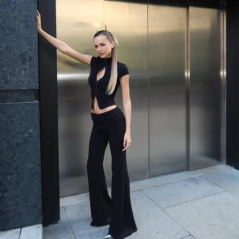 y2k Abito nero con spacco scavato Moda donna Manica corta Solido Collo alto Slim Fit Maxi abiti Lady Evening Party Club Robe