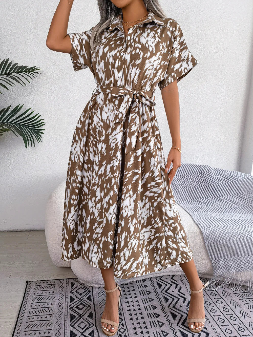 Ficusrong donna estate Casual allentato leopardo Lace Up camicia vestito per le signore moda tutti abbinati abiti Chic