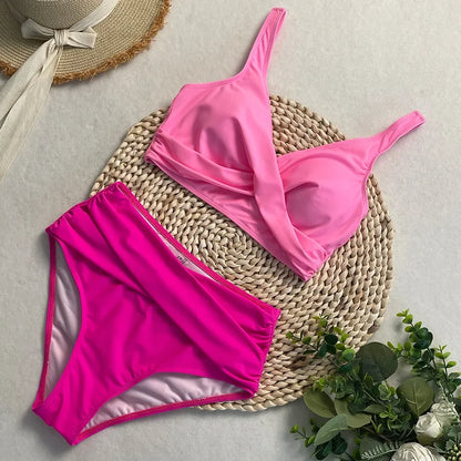 swimsuit ladies Women's High Waist  Bikini Sets Sporty Two Piece Swimsuits Solid Colors High Cut Bathing Suits Women Bikini Sets