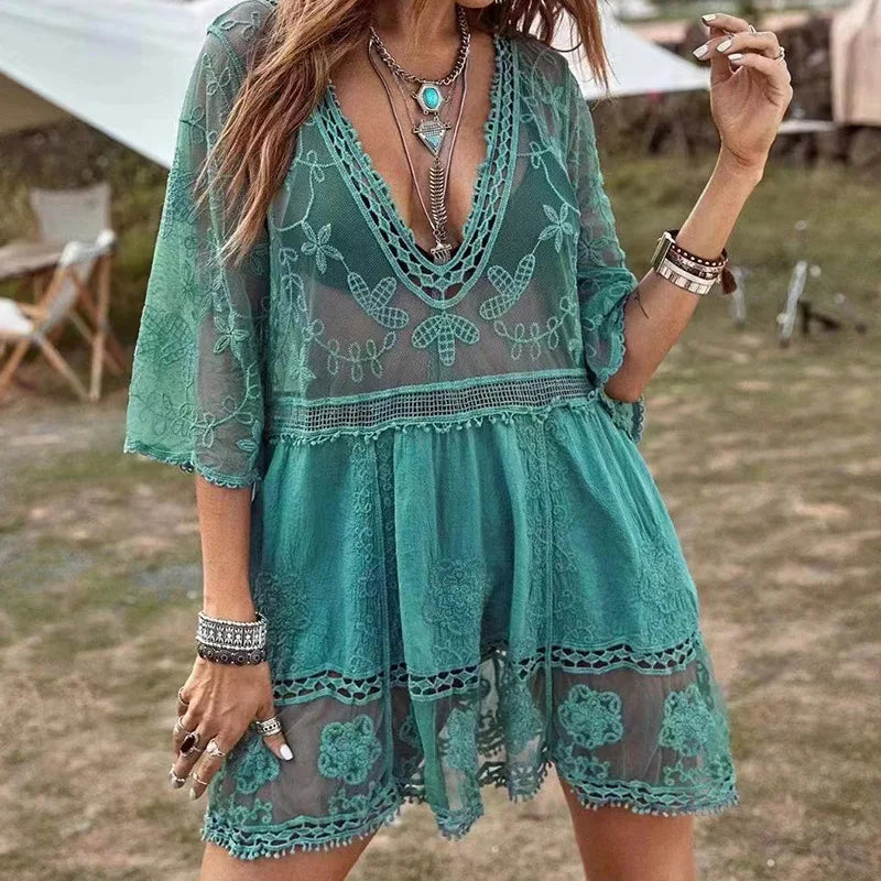 Copricostume da donna in rete con scollo a V profondo, sexy, per l'estate, vestito da spiaggia a maniche corte in pizzo traforato