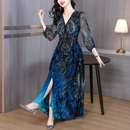 Vacanza primaverile Boho Beach Hepburn Maxi Abiti 2025 Stampa vintage da donna Elegante abito da sera estivo in seta di lusso