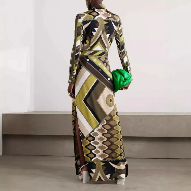 Donne eleganti autunno inverno stampa geometrica posizionamento bavero abito slim fit abiti maxi da festa con spacco a maniche lunghe alla moda