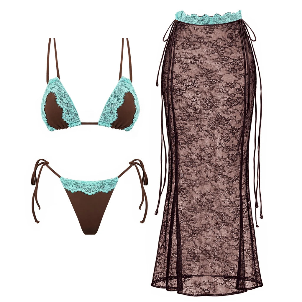 Fashion Lace Patchwork Triangel Bikini und Rock Damen 3-teiliger Badeanzug Sexy Schnür-Bikini-Set Bademode Strandmode Sommer Glamour