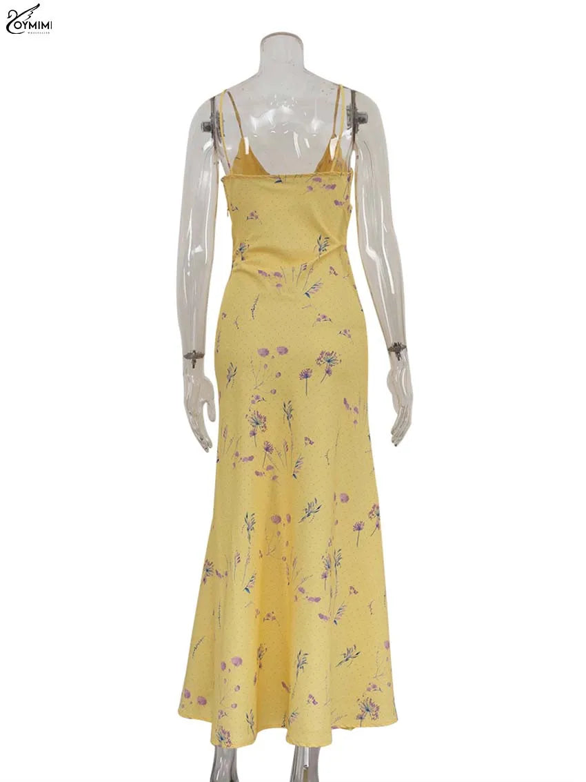 Oymimi Abito da donna casual con stampa gialla Elegante cinturino per spaghetti Abiti aperti sul retro Abito alla caviglia a vita alta moda autunnale