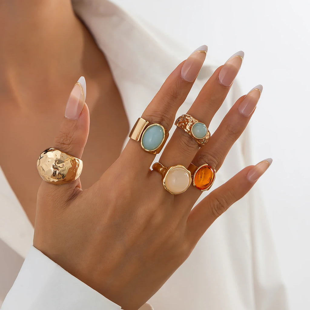 Ingemark 5 Pz/set Retro Color Oro Irregolare Anello di Metallo per Le Donne Della Boemia Aperto Regolabile Anello Ampio Estetico Y2K Regalo Dei Monili