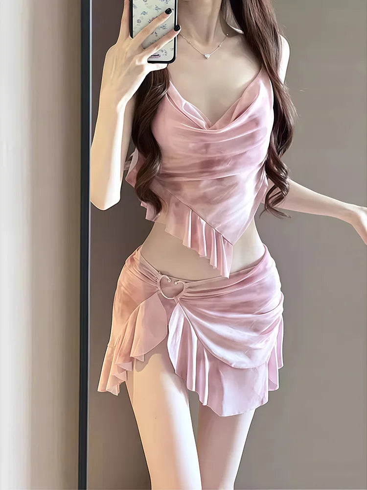 Nuovo stile coreano bikini set donna rosa sfumato volant push up gonna a rete costume da bagno 3 pezzi costume da bagno estivo costumi da bagno per le vacanze