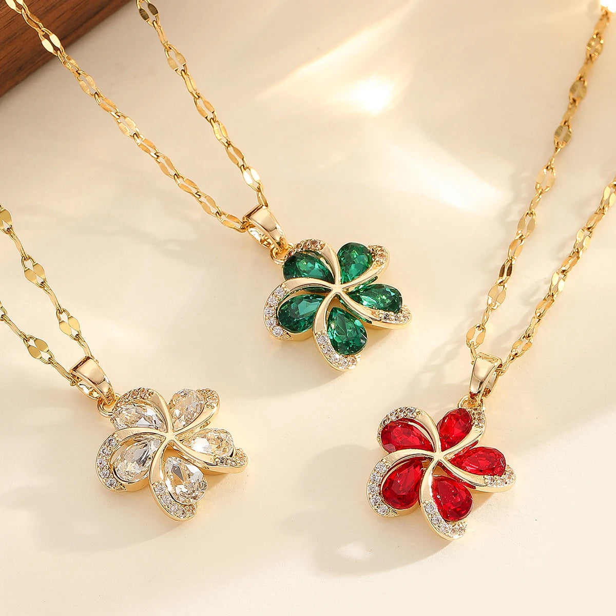 DIEYURO Collana con ciondolo fiori in zircone verde in acciaio inossidabile 316L per le donne Nuovi regali di gioielli di compleanno con catena fortunata per ragazze di lusso