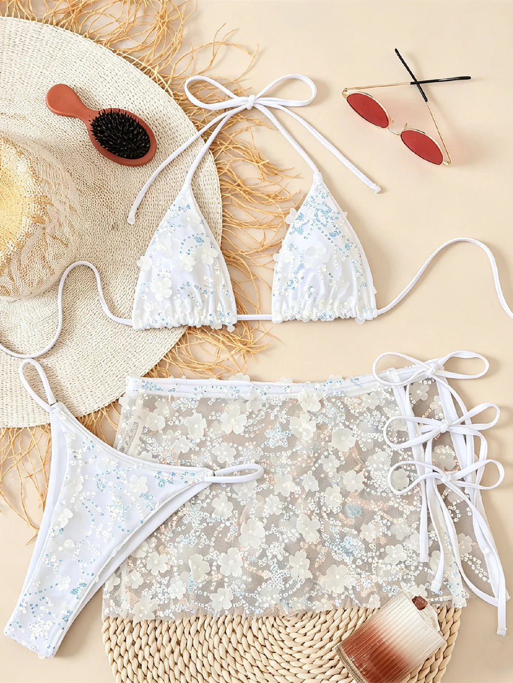 Costume da bagno a 3 pezzi con gonna in rete rosa con paillettes, reggiseno push-up e perizoma, stile brasiliano, per donna, ideale per le vacanze.
