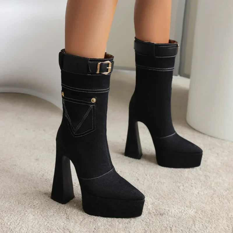 Denim Short Plush Boots Thick Bottom 15cm High Heel Pointed Elastic Size 34-45 Short Boots 2024 New Winter Women's Shoes