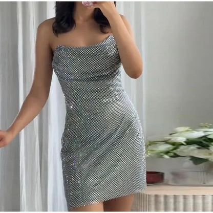 Abito corto senza maniche scintillante da donna con tutti i strass Abiti sexy senza spalline alla moda per donna Estate Nuovo outfit streetwear