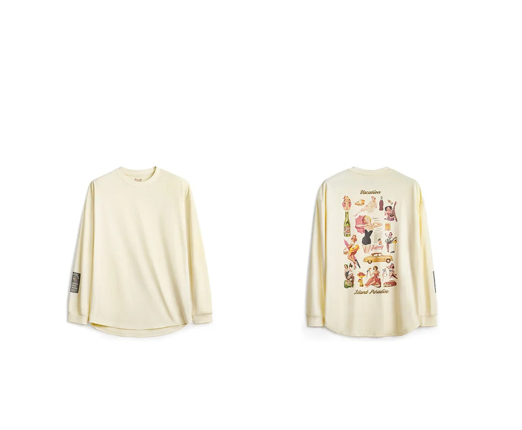 Maden T-shirt a maniche lunghe con stampa sul retro vintage Pullover ampio casual girocollo per top street-style da uomo primavera e autunno anni '60