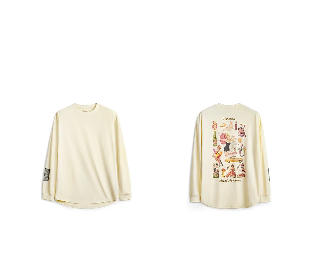 Maden T-shirt a maniche lunghe con stampa sul retro vintage Pullover ampio casual girocollo per top street-style da uomo primavera e autunno anni '60
