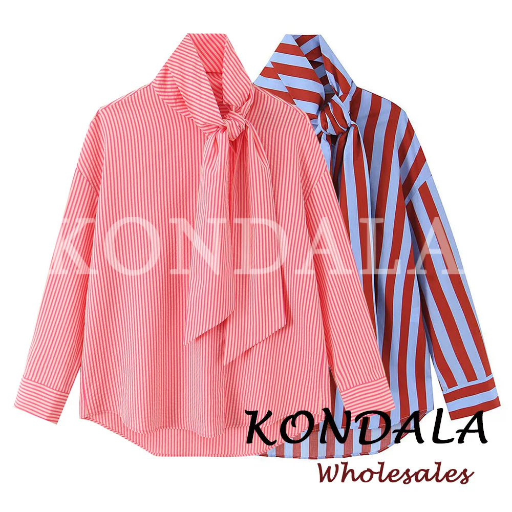 KONDALA Camicia Vintage a Righe con Fiocco da Donna, Casual, Asimmetrica, Moda Primavera 2026, Camicia Monopetto, Streetwear Chic Femminile