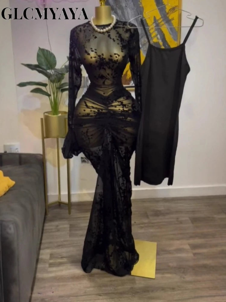 CM.YAYA 2025 Autunno Donna Manica lunga Maglia impilata Vedi anche con fodera Aderente Abito lungo da sera Compleanno Abiti da festa sexy