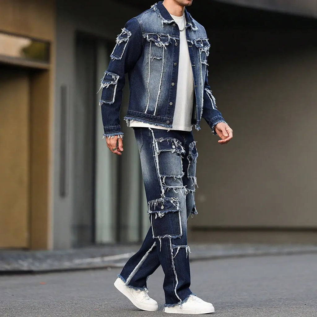 Abito in denim primaverile e autunnale da uomo, design multitasche, stile pantaloni larghi e dritti