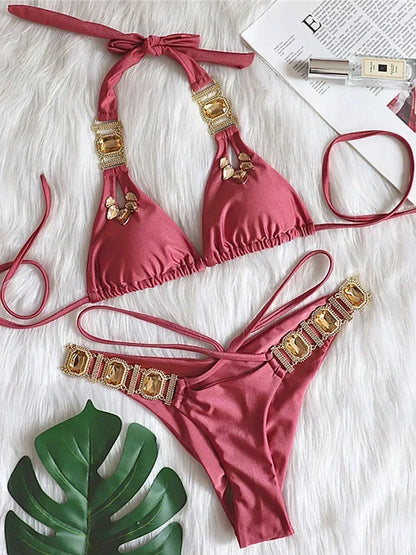 Maillot de bain bikini sexy dos nu en cristal diamant 2025 Femme Maillot de bain femme Maillot de bain brésilien Ensemble bikini deux pièces Maillot de bain triangle