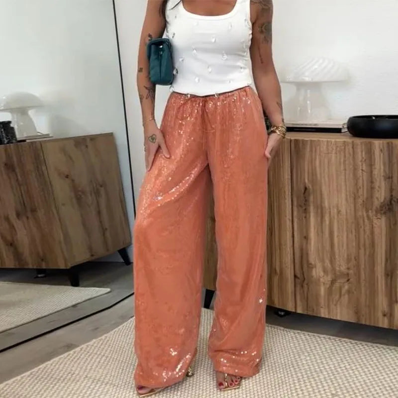 Pantaloni da donna con paillettes, vita bassa elastica, gamba larga, con lacci, estivi 2026, lucidi, vestibilità ampia, per club e feste