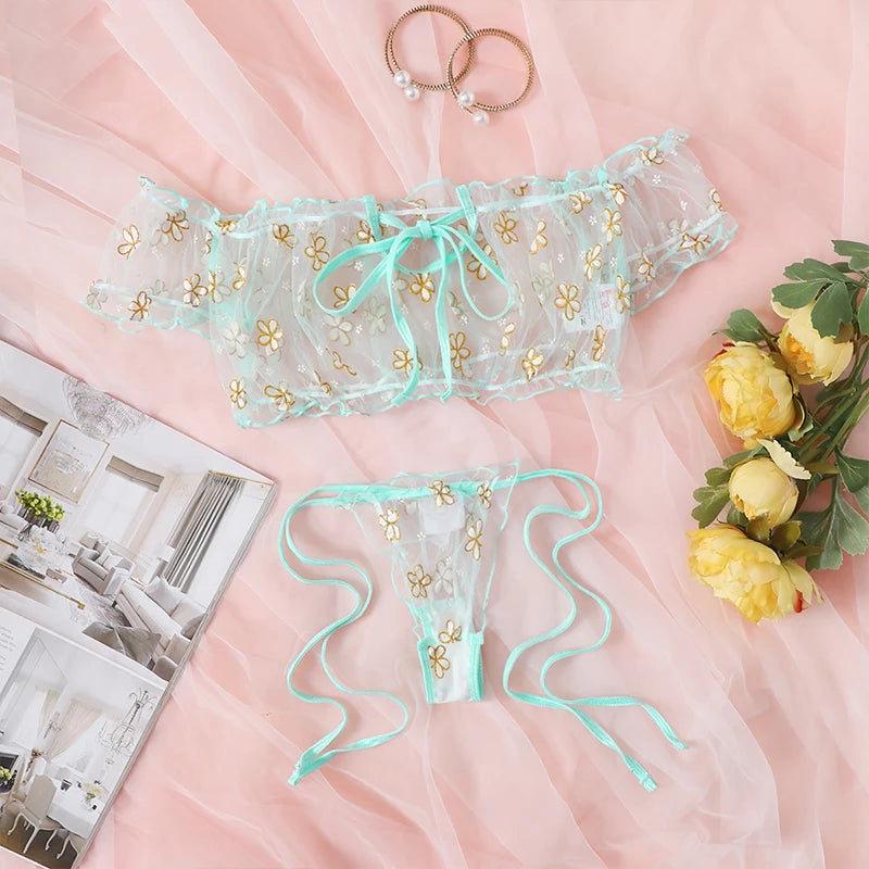 Sexy Summer Women's Underwear Seductive Floral Dreamy Lingerie Off-Shoulder Seduce Bralette Tops Panties Transparent Erotic Set