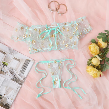 Sexy Summer Women's Underwear Seductive Floral Dreamy Lingerie Off-Shoulder Seduce Bralette Tops Panties Transparent Erotic Set