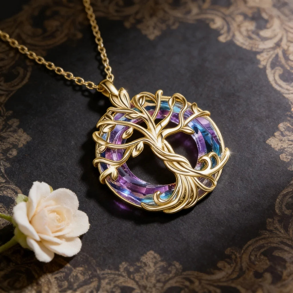 Collana Albero della Vita con Cristallo Circolare, Squisito Ciondolo a Forma di Albero Genealogico, Gioiello Regalo per Donne, Mamma, Figlia