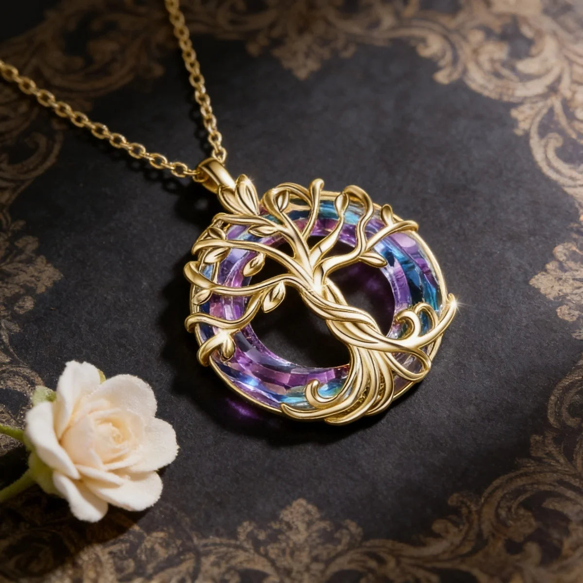 Collana Albero della Vita con Cristallo Circolare, Squisito Ciondolo a Forma di Albero Genealogico, Gioiello Regalo per Donne, Mamma, Figlia