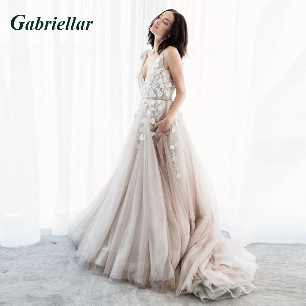 Gabriellar eleganti abiti da sposa a sirena per le spose scollo a V applicazioni tulle volant pieghe al largo della spalla personalizzati