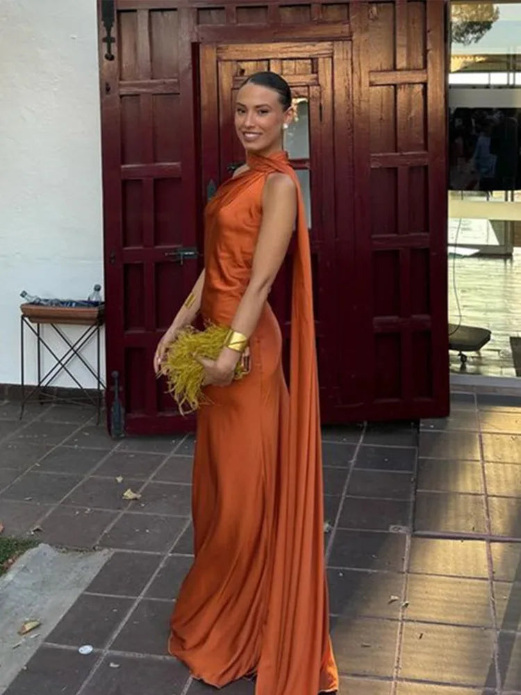Elegante Abito Lungo da Festa in Raso con Nastro, Vestito Femminile Senza Maniche con Schiena Scoperta, Abiti Chic da Sera Primavera-Estate 2026