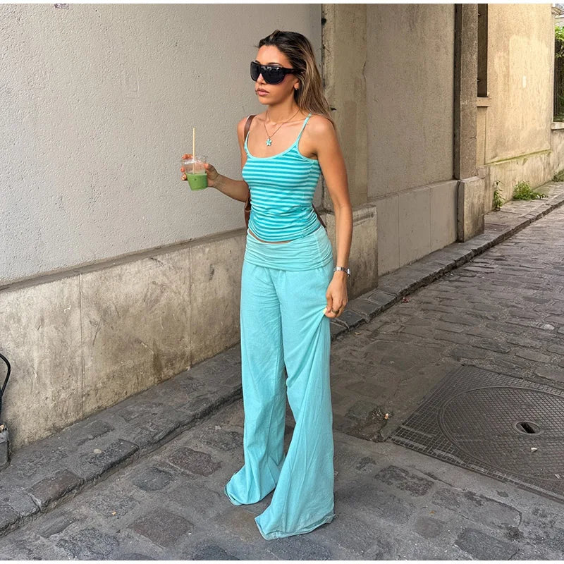 Pantaloni Lunghi a Gamba Larga con Vita Elastica per Donna, Tessuto Elasticizzato, Nuova Collezione 2026, Outfit Casual Estivo da Donna per Uso Quotidiano e Street Style