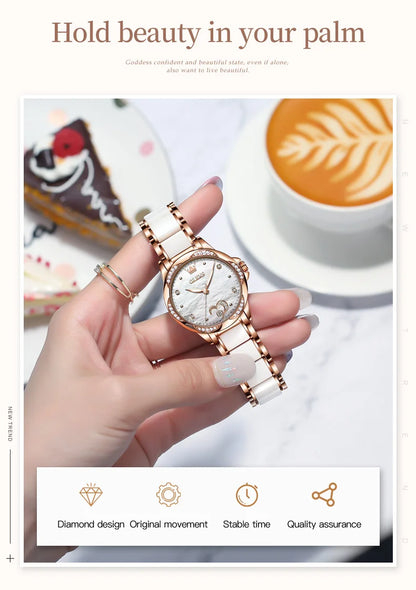 OLEVS 6631 Orologi automatici da donna Eleganti orologi da polso meccanici da donna impermeabili con cinturino in ceramica color oro rosa e lunetta con diamanti