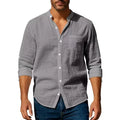 Camicia in cotone e lino da uomo, collo Henley, tinta unita, leggera, traspirante, vestibilità slim, abbottonatura singola, maniche lunghe.