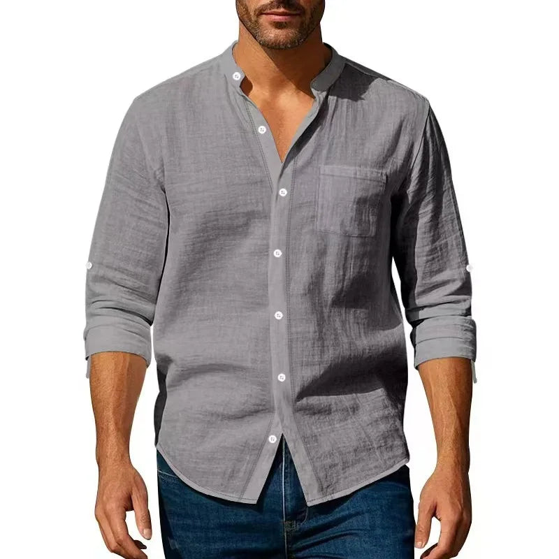 Camicia in cotone e lino da uomo, collo Henley, tinta unita, leggera, traspirante, vestibilità slim, abbottonatura singola, maniche lunghe.