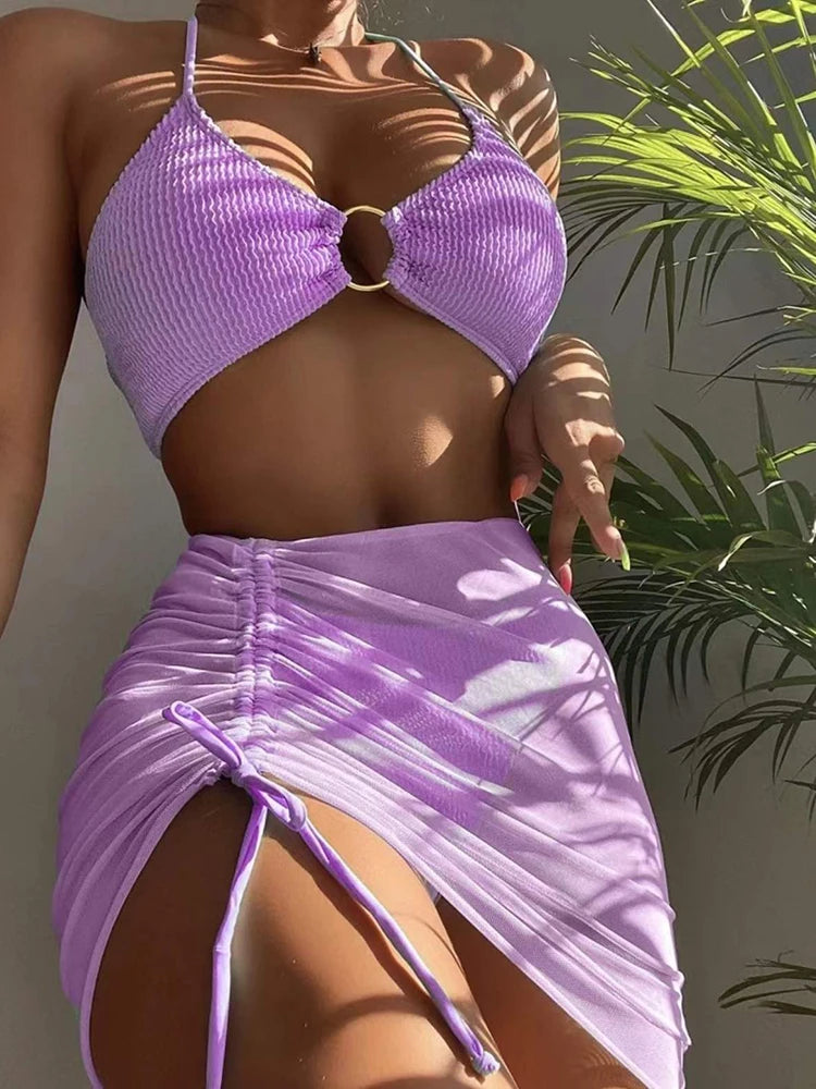 2025 New Sexy Solid Bikini Low Waist Three Pieces Swimsuit Women Brazilian Bandage Swimwear Female Beachwear Bathing Suit