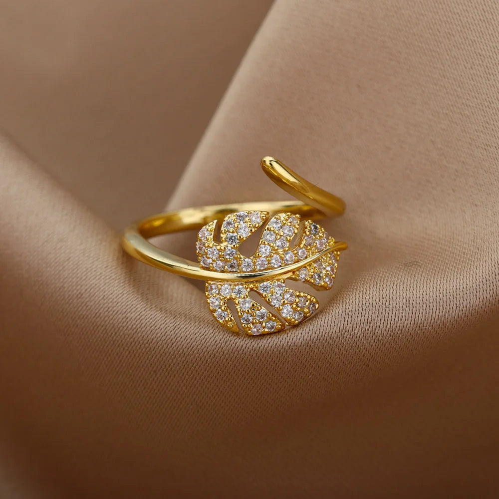Anelli aperti a forma di foglia di palma di moda per le donne Anello da dito regolabile con zirconi color oro Regalo di gioielli per feste coreane per ragazze