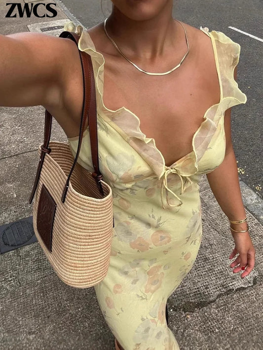 Abito da spiaggia con volant con stampa floreale Abito da donna elegante senza maniche senza schienale scollato con lacci Abiti lunghi 2025 Abito estivo da donna nuova