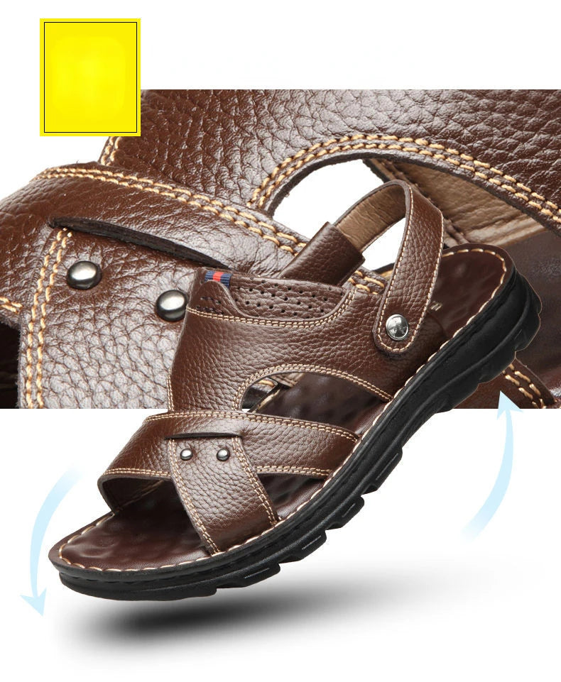 Herren-Ledersandalen für den Sommer, rutschfeste Herrenschuhe aus echtem Leder, Hausschuhe, Strandschuhe mit dicker Sohle für draußen, bequeme, weiche Herren-Sandalen