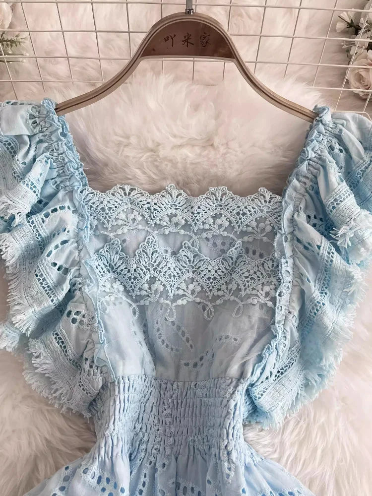 Abito da festa elegante da donna abito estivo Vintage con scollo quadrato e volant manica corta abiti coreani da donna Slim a-line abito lungo con scollo alto