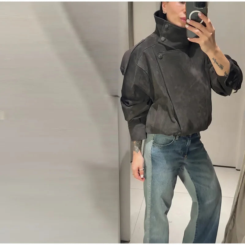 Giacca bomber da donna in camoscio grigio scuro, con colletto alla coreana, maniche lunghe, oversize, asimmetrica, stile street, giacche da donna autunno 2026