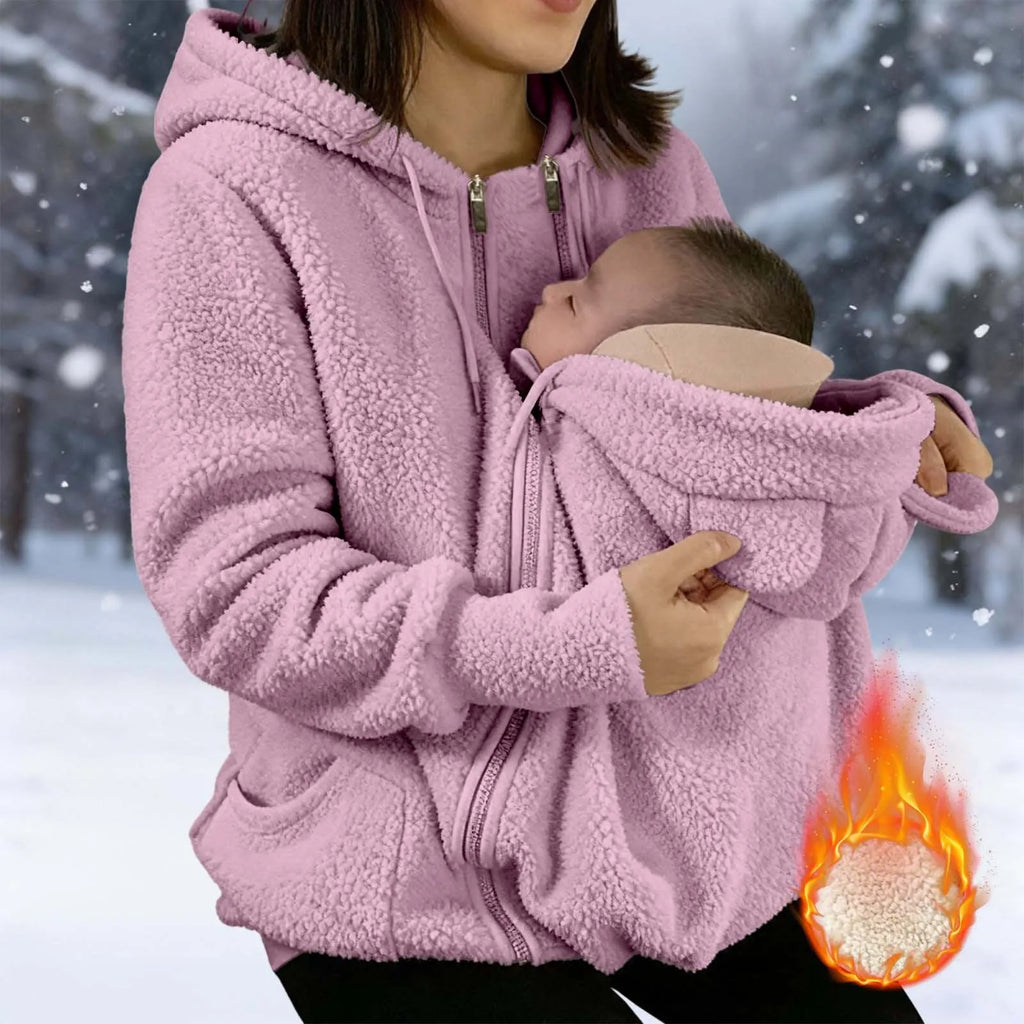 Cappotto con cappuccio in caldo pile 2 in 1 con marsupio Felpa in peluche a maniche lunghe in pelliccia sintetica Giacca con cappuccio per mamma all'aperto Borsa per bambini