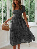Abiti vintage stampa vintage manica a sbuffo estate spiaggia abiti dolci casual colletto quadrato floreale maxi abito lungo festa