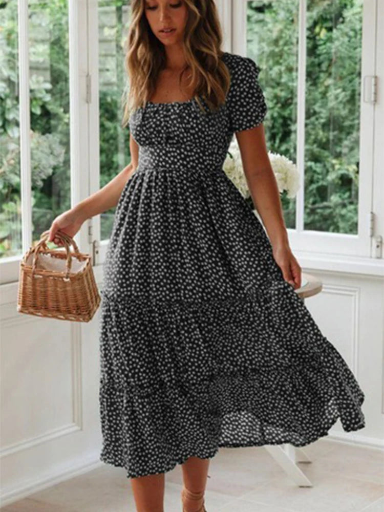 Abiti vintage stampa vintage manica a sbuffo estate spiaggia abiti dolci casual colletto quadrato floreale maxi abito lungo festa