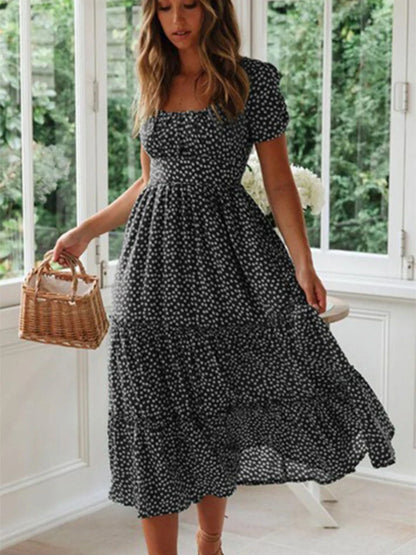 Abiti vintage stampa vintage manica a sbuffo estate spiaggia abiti dolci casual colletto quadrato floreale maxi abito lungo festa
