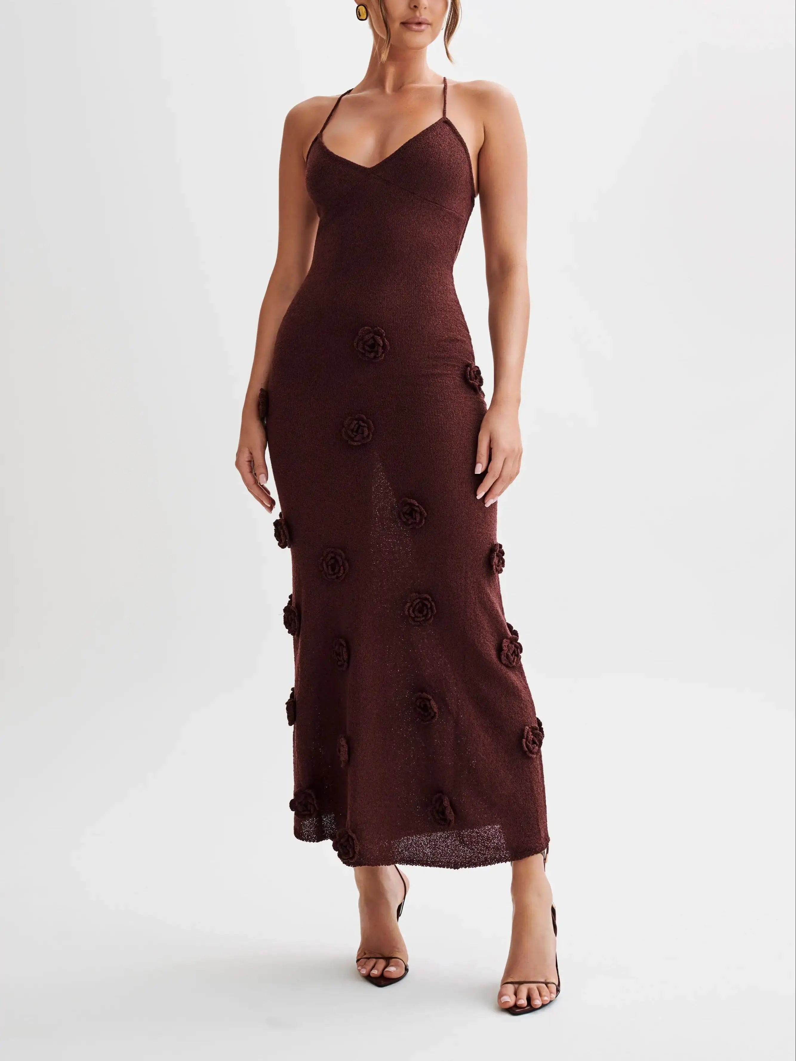Abito lungo in maglia Abiti da festa estivi con fiori 3D da donna Copricostume elegante slim diviso maxi abiti da spiaggia per le vacanze