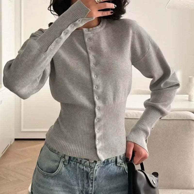 Maglione Aderente Sexy da Donna, Collo Tondo, Cardigan in Maglia con Bottoni Frontali, Manica Lunga, Top Streetwear