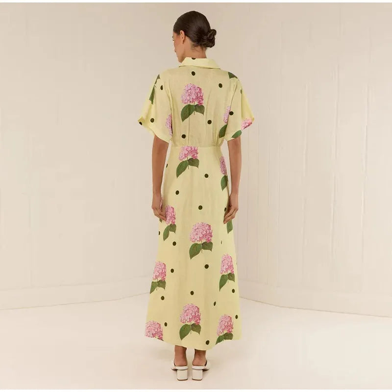 Abito da donna stampato a fiori casual Abito lungo femminile allentato a maniche corte con scollo a V profondo 2025 Primavera Estate Nuova moda Lady Robe