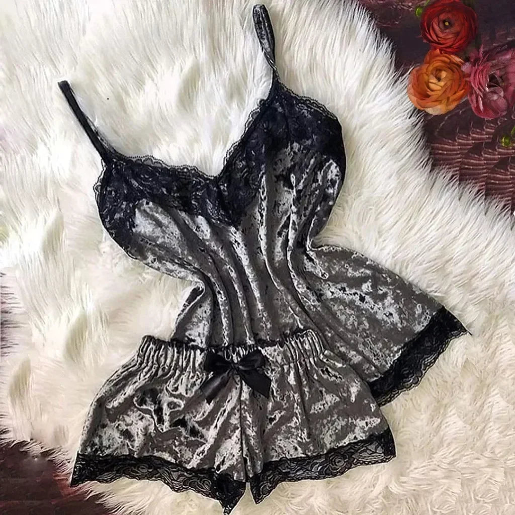 Sommerliche Spitzen-Nachtwäsche Sexy Satin-Pyjama-Set Damen Nachthemd 2-teiliges Crop-Top- und Shorts-Set Homewear Loungewear